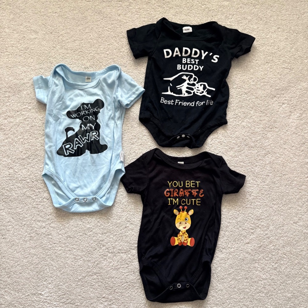Baby Bodysuit Set 3 Pack Graphic Prints Baby 6-9M Blue Black Simba Daddy Giraffe
